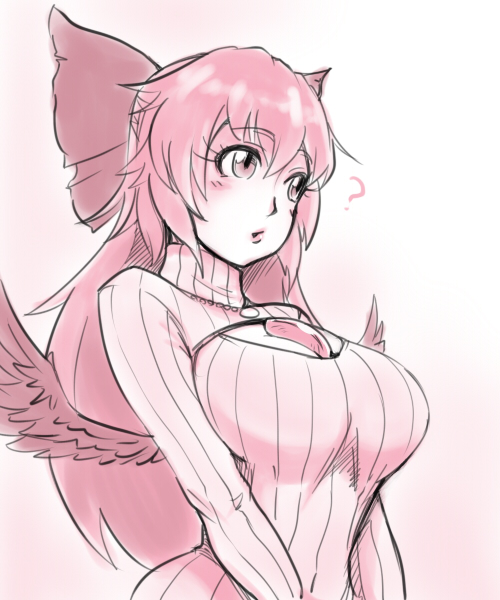 1girl ? between_breasts bow breasts cleavage cleavage_cutout gem hair_bow large_breasts long_hair mini_wings monochrome open-chest_sweater reiuji_utsuho ribbed_sweater solo sweater teatime_(mike) touhou turtleneck v_arms