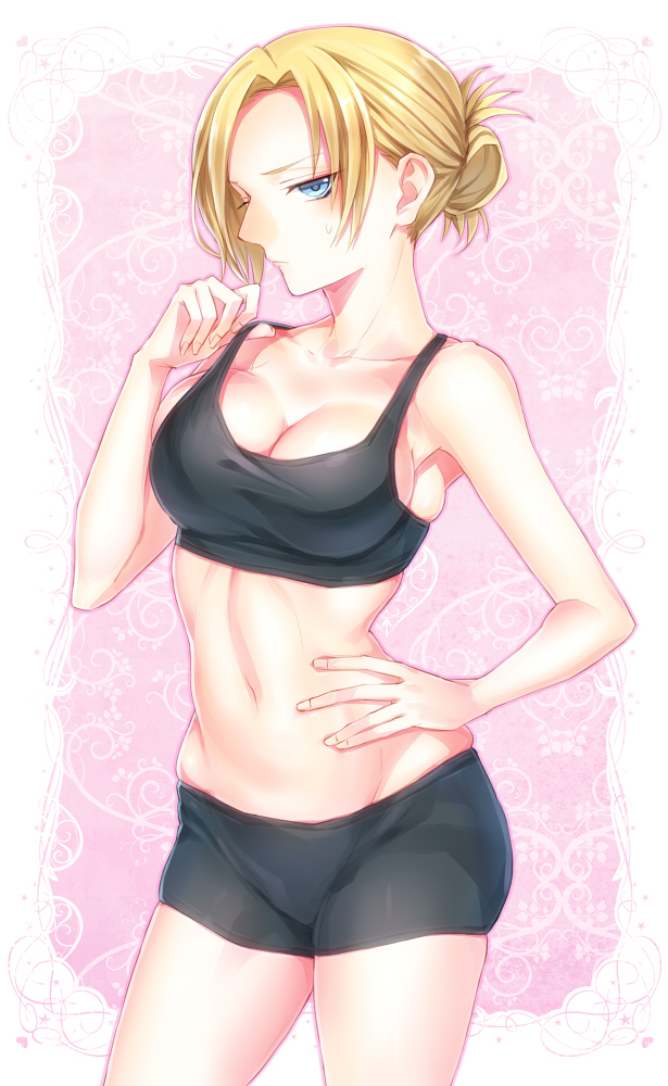 1girl annie_leonhardt bare_shoulders blonde_hair blue_eyes breasts cleavage collarbone folded_ponytail hand_on_stomach heart large_breasts lips looking_at_viewer mayoyara midriff navel pink_background shingeki_no_kyojin shiny shiny_hair shorts skindentation solo sports_bra star strap_pull sweatdrop
