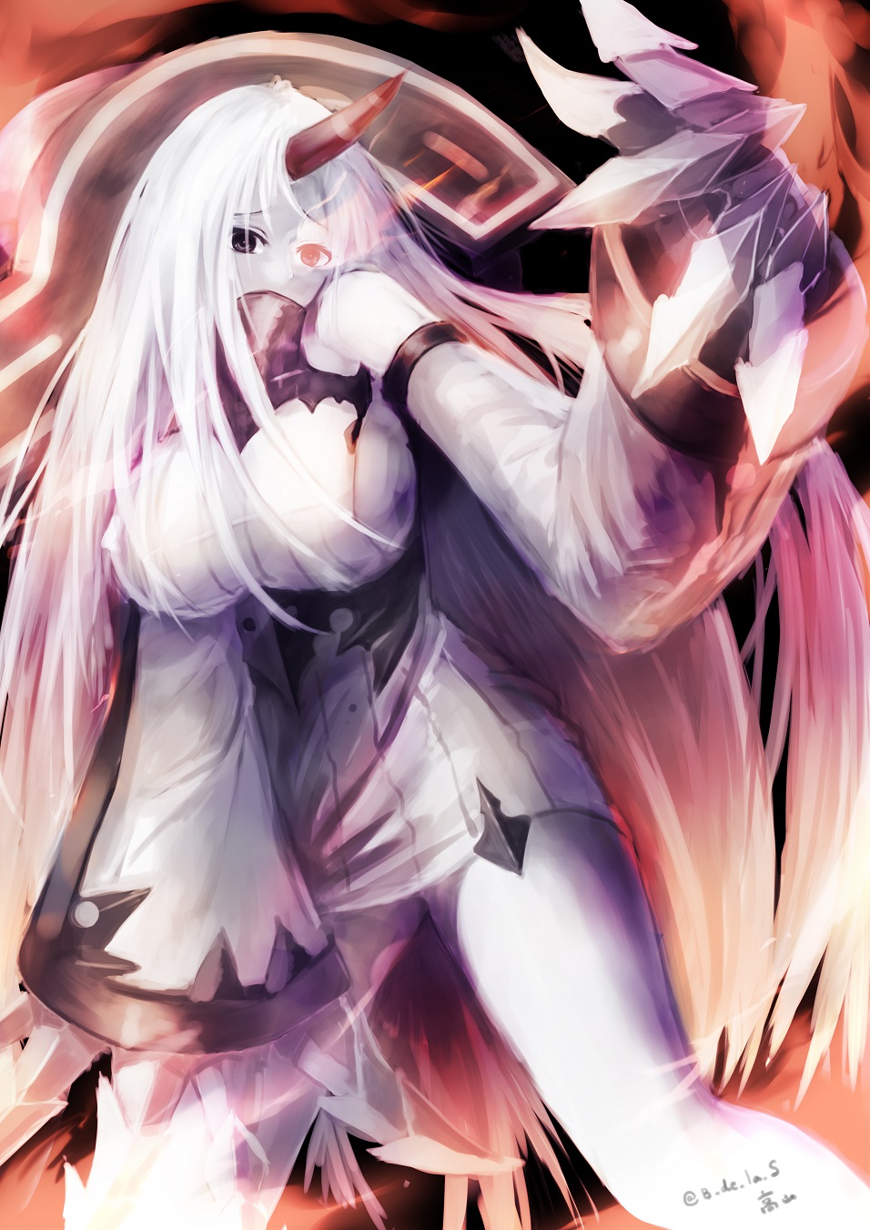 1girl bare_shoulders black_eyes breasts claws covered_mouth detached_sleeves highres horn kantai_collection large_breasts legs_apart long_hair looking_at_viewer pale_skin ribbed_sweater seaport_hime shinkaisei-kan sideboob signature solo standing sweater takayama_shirane twitter_username very_long_hair white_hair