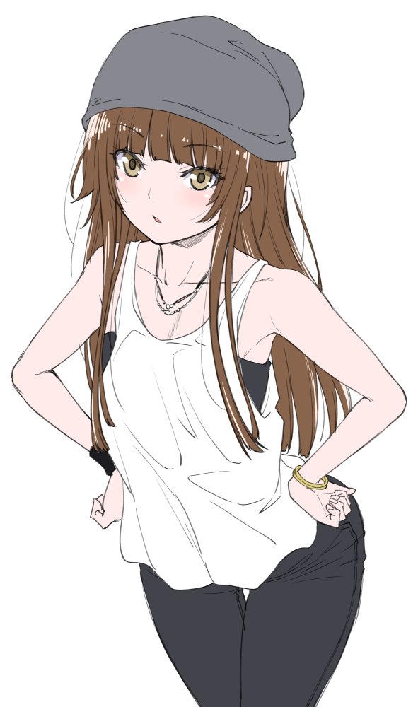 1girl amagami bangs beanie blunt_bangs bracelet brown_eyes brown_hair denim fashion hands_on_hips hat jeans jewelry kamizaki_risa long_hair necklace pants pantyhose shouji_2 solo tank_top thigh_gap