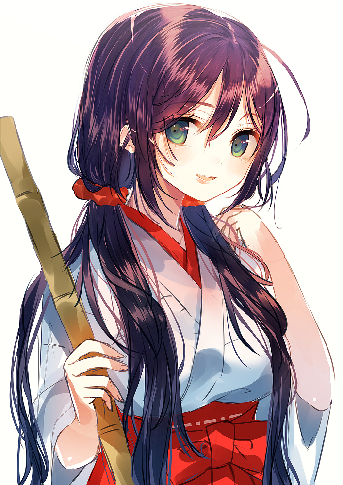 1girl blush bust green_eyes io_enishi japanese_clothes long_hair looking_at_viewer love_live!_school_idol_project low_twintails miko purple_hair simple_background sketch solo toujou_nozomi twintails white_background