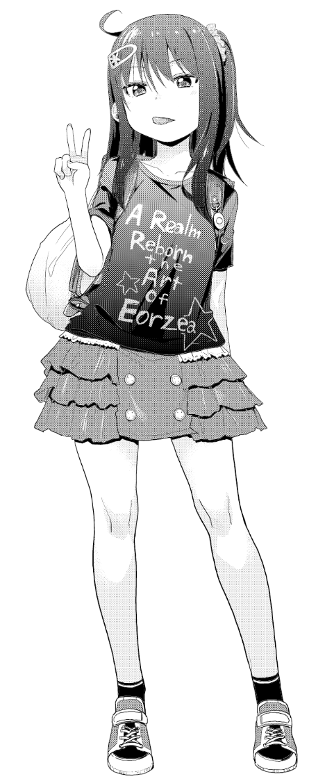 1girl :p ahoge alexa_mahone backpack bag clothes_writing english hair_ornament hairclip long_hair monochrome original scrunchie shoes side_ponytail skirt sneakers socks solo standing tongue tongue_out v