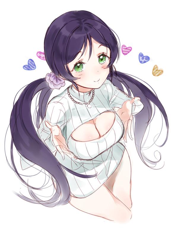 1girl artist_request blush bottomless breast_hold breasts cleavage cleavage_cutout from_above green_eyes heart jewelry long_hair love_live!_school_idol_project necklace open-chest_sweater purple_hair ribbed_sweater simple_background smile solo sweater toujou_nozomi turtleneck very_long_hair