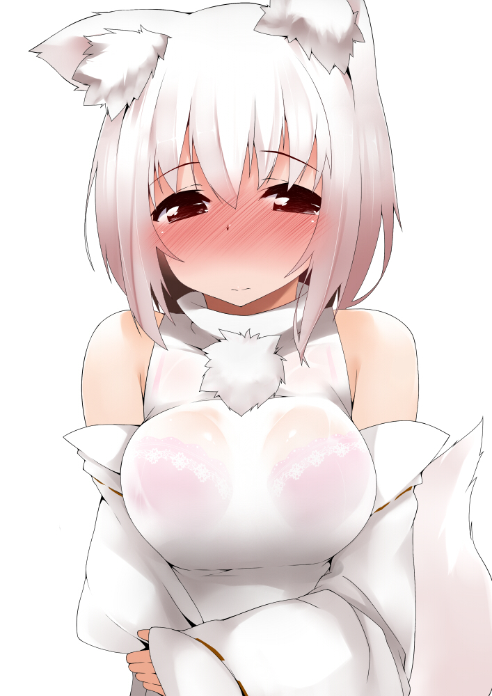 1girl animal_ears blush bra breasts detached_sleeves inubashiri_momiji lace-trimmed_bra large_breasts looking_at_viewer pink_bra red_eyes see-through short_hair simple_background solo tail tera_zip touhou underwear white_background white_hair wolf_ears wolf_tail