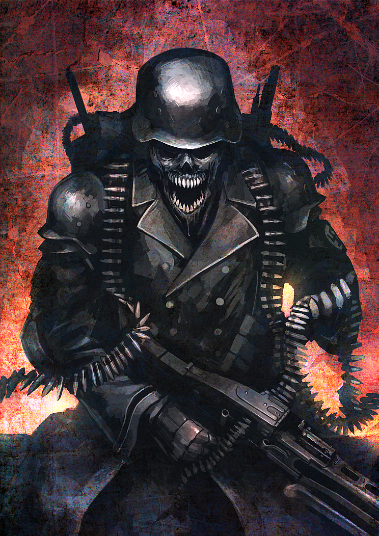 ammunition coat gloves gun helmet hetza_(hellshock) machine_gun mg42 nazi shoulder_pads skull weapon