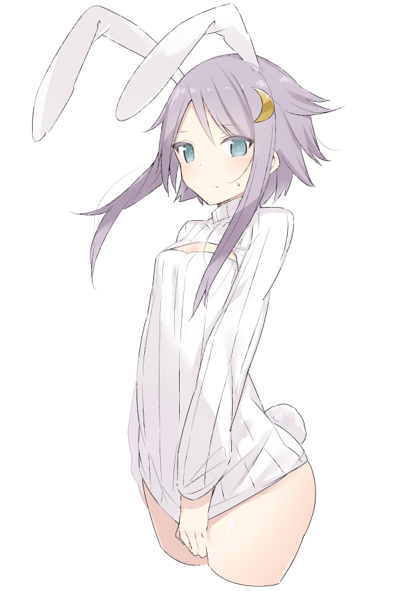 1girl animal_ears blue_eyes bunny_tail cleavage_cutout kantai_collection kskasutera open-chest_sweater purple_hair rabbit_ears ribbed_sweater short_hair sweater tail turtleneck yayoi_(kantai_collection)