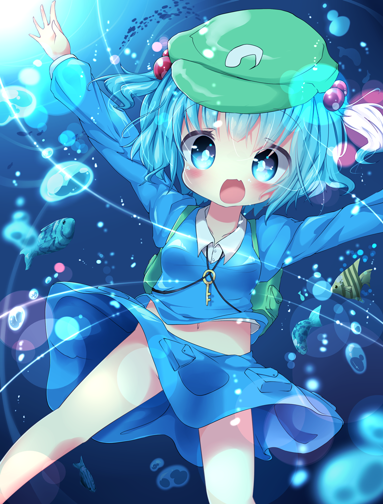 1girl :d akisha blue_eyes blue_hair fish hair_bobbles hair_ornament hat kawashiro_nitori key looking_at_viewer navel open_mouth outstretched_arms short_hair smile solo spread_arms touhou two_side_up underwater