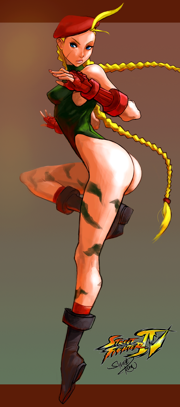 1girl ass beret blonde_hair blue_eyes bodypaint boots braid cammy_white camouflage combat_boots fingerless_gloves gloves hat highres leotard lips long_hair red_legwear scar small_breasts socks solo standing_on_one_leg street_fighter street_fighter_iv thong_leotard tsenzen twin_braids
