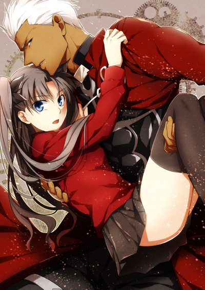 1boy 1girl archer blue_eyes brown_hair carrying dark_skin fate/stay_night fate_(series) gears nina_(pastime) princess_carry thigh-highs tohsaka_rin toosaka_rin two_side_up white_hair