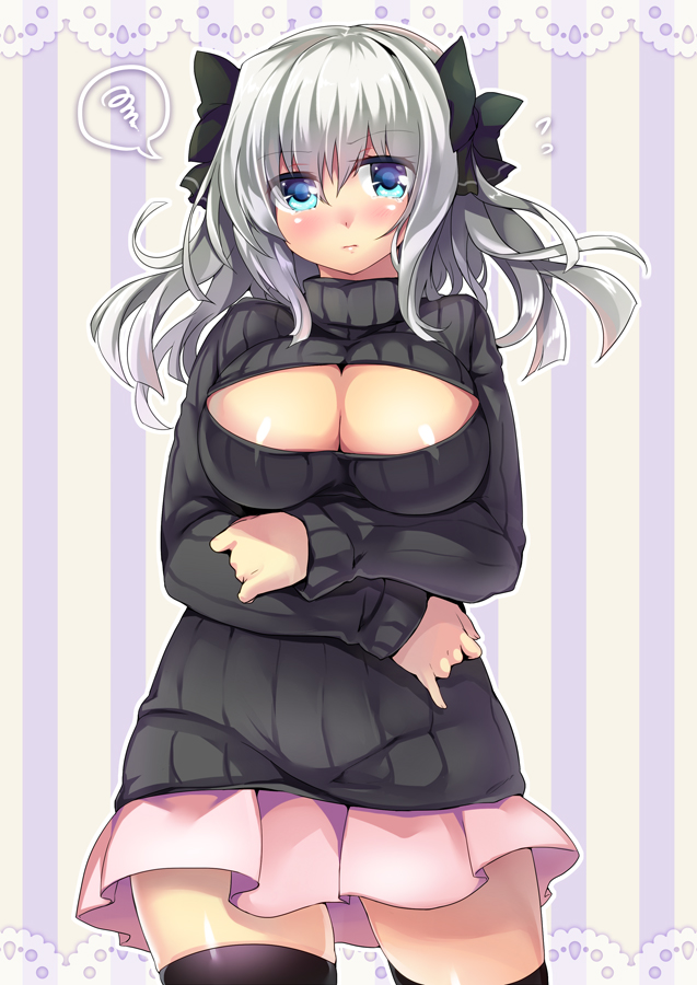 1girl blue_eyes bow breasts cleavage cleavage_cutout hair_bow open-chest_sweater original ribbed_sweater ruri_rarako short_hair silver_hair skirt solo sweater thigh-highs turtleneck twintails zettai_ryouiki