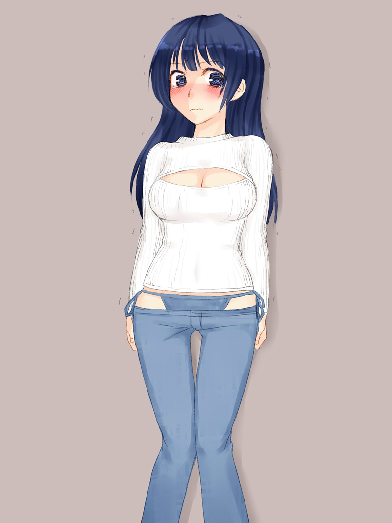 1girl against_wall bikini_jeans blue_eyes blue_hair blush breasts character_request cleavage cleavage_cutout corgi_sleeping denim embarrassed jeans long_hair lowleg lowleg_pants open-chest_sweater pants ribbed_sweater ringed_eyes solo sweater thigh_gap trembling underwear wavy_mouth