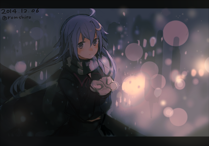 1girl ahoge blurry bokeh crescent_hair_ornament dated depth_of_field hair_ornament kantai_collection letterboxed looking_at_viewer mittens purple_hair romshiro scarf school_uniform short_hair_with_long_locks solo twitter_username violet_eyes yayoi_(kantai_collection)