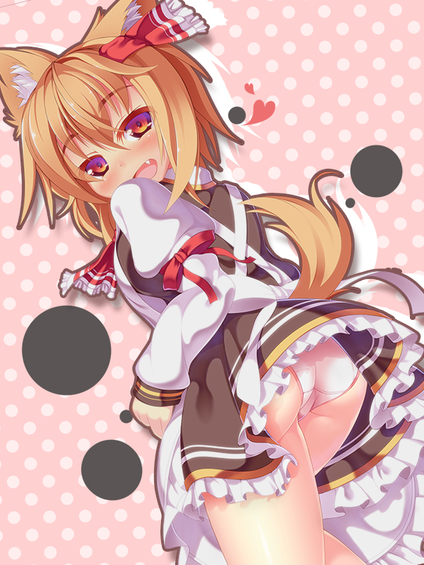1girl adapted_costume animal_ears apron ascot ass bent_over blonde_hair blush cat_ears cat_tail dragoner fang hair_ribbon heart juliet_sleeves kemonomimi_mode long_sleeves looking_at_viewer looking_back open_mouth panties pantyshot pantyshot_(standing) puffy_sleeves red_eyes ribbon rumia shirt skirt skirt_set solo standing tail touhou underwear upskirt vest white_panties