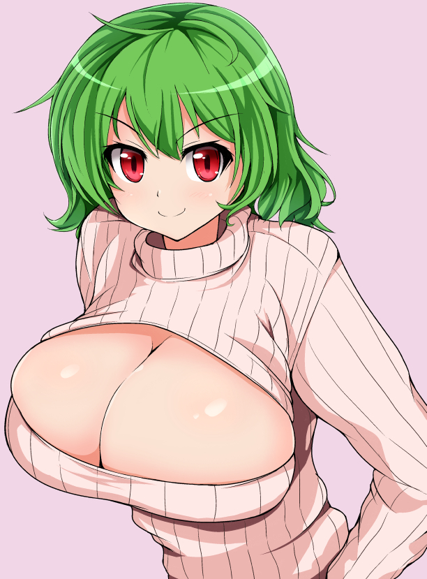 1girl alternate_costume blush breasts bust cleavage cleavage_cutout doya-gao green_hair huge_breasts kazami_yuuka open-chest_sweater pink_background red_eyes ribbed_sweater short_hair smile solo sweater touhou toumeikousokudouro turtleneck
