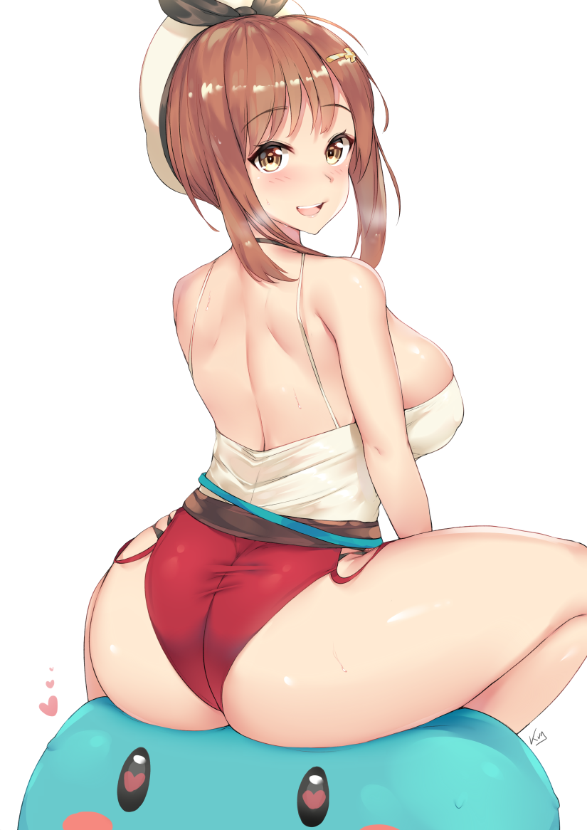 1girl ass atelier_(series) atelier_ryza back bangs bare_shoulders belt beret black_ribbon blue_belt blush breasts brown_belt brown_eyes brown_hair hair_ornament hairclip hat heart kuavera large_breasts looking_at_viewer open_mouth red_shorts reisalin_stout ribbon short_hair short_shorts shorts simple_background sitting smile solo thighs white_background white_camisole white_headwear
