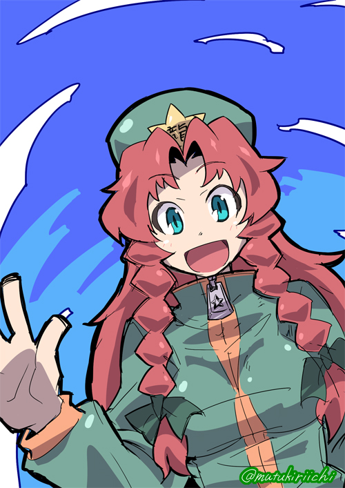 1girl alternate_costume blue_eyes bow braid hair_bow hat hong_meiling ichigatsu_toshikazu long_hair open_mouth redhead sketch smile solo touhou track_suit twin_braids
