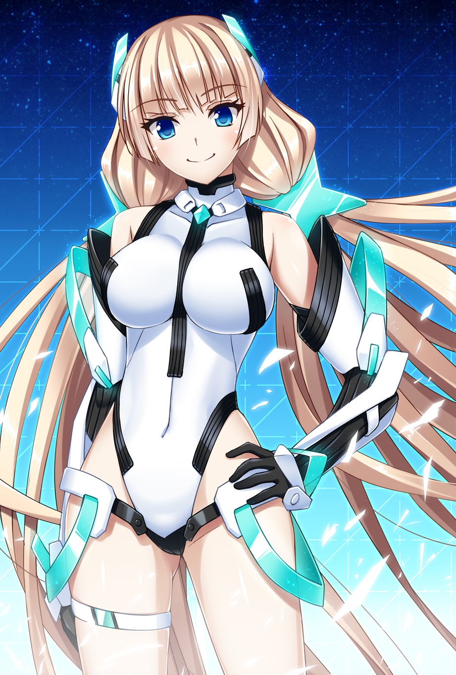 1girl angela_balzac bare_shoulders blonde_hair blue_eyes blush breasts collarbone covered_navel elbow_gloves expelled_from_paradise gloves hand_on_hip headgear highres ike_masato impossible_leotard large_breasts leotard long_hair looking_at_viewer smile solo space star_(sky) twintails very_long_hair