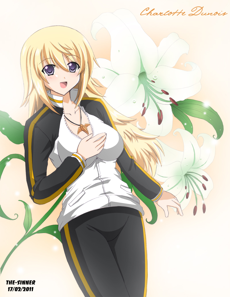 1girl :d artist_name blonde_hair character_name charlotte_dunois dated flower green_eyes infinite_stratos jewelry long_hair looking_at_viewer open_mouth pendant smile solo the-sinner track_jacket track_suit