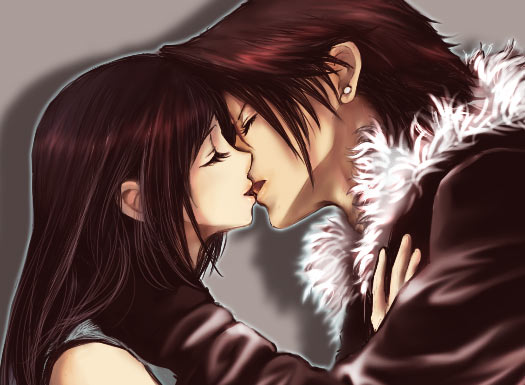 1girl brown_hair closed_eyes co-ro couple earrings final_fantasy final_fantasy_viii jewelry kiss rinoa_heartilly spoilers squall_leonhart