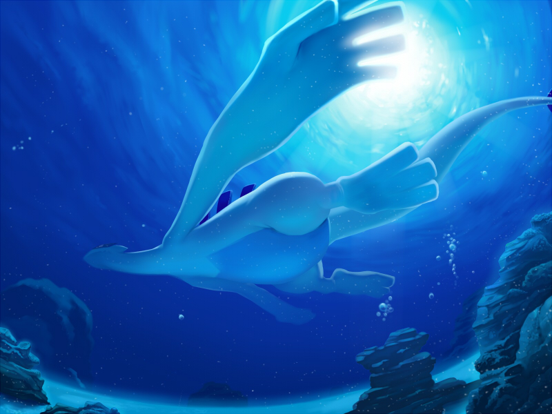 bubble lugia nature no_humans pokemon pokemon_(creature) rock sand sunlight swimming torio_(mocd1985) underwater water