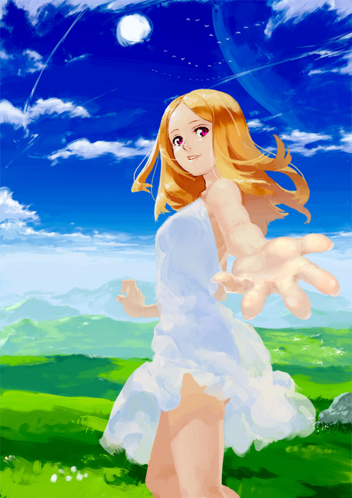 blonde_hair cloud clouds dress foreshortening grass hands long_hair looking_at_viewer nagisa_kurousagi nature planet red_eyes red_hair redhead scenery sky solo source_request