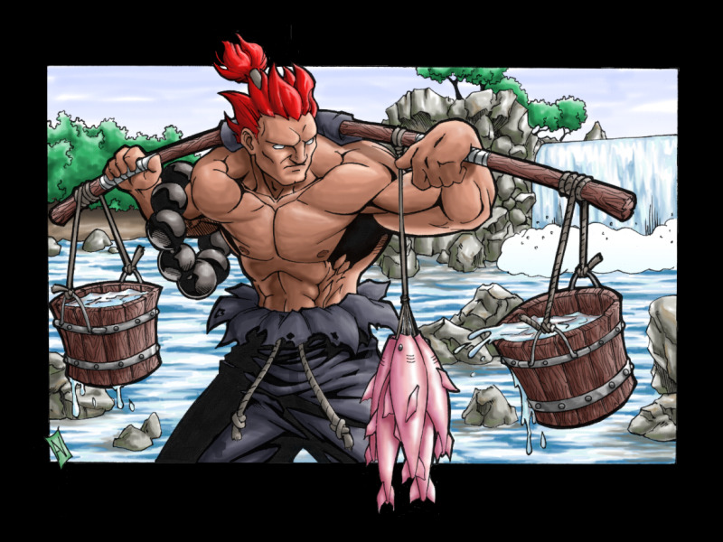1boy abs akuma beads bucket bucket_of_water carrying chore dark_skin fish gouki hybridav male male_focus muscle no_pupils pectorals pole prayer_beads red_eyes redhead rive shirtless solo street_fighter topknot topless water waterfall