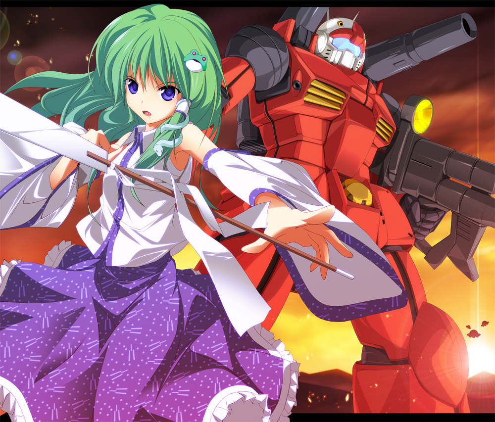 crossover frog green_hair guncannon gundam kochiya_sanae long_skirt mecha mobile_suit_gundam skirt sunset touhou ufo zb