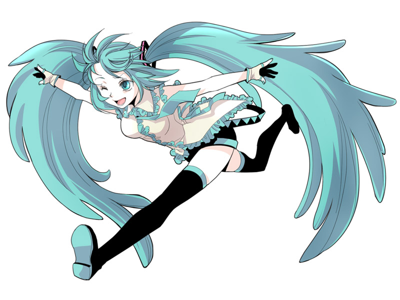 aqua_eyes aqua_hair bad_id fingerless_gloves gloves hatsune_miku long_hair necktie running simple_background skirt smile solo thigh-highs thighhighs twintails very_long_hair vocaloid windbard wink zettai_ryouiki