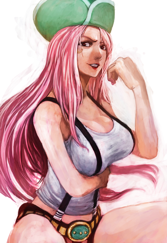 belt cleavage female hat jewelry_bonnie lack large_breasts long_hair midriff one_piece piercing pink_hair pirate realistic solo suspenders