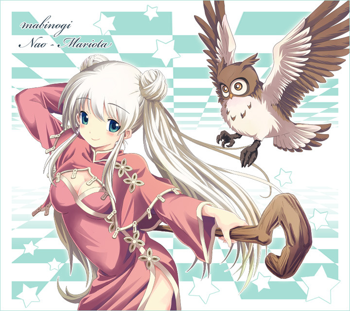 animal blue_eyes cane china_dress chinadress chinese_clothes long_hair mabinogi nao owl sisco smile twintails white_hair wings