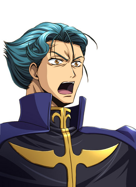 1boy blue_hair cape code_geass jeremiah_gottwald male open_mouth orange orange_eyes solo surprised uniform