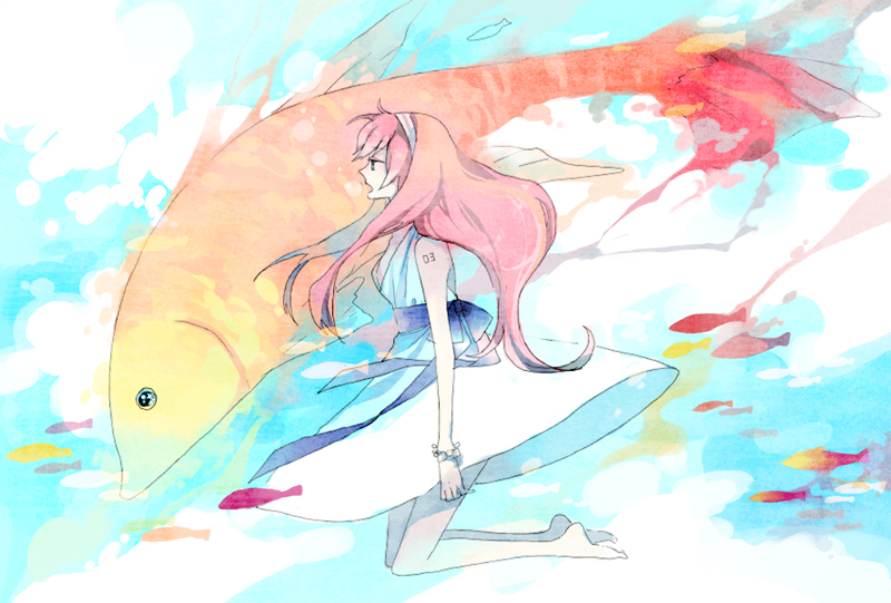 bad_id barefoot dress fish hairband long_hair megurine_luka mig_(36th_underground) open_mouth pink_hair vocaloid white_dress