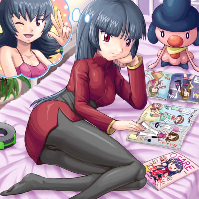 1girl alternate_hairstyle arm_support beauty_(pokemon) bed black_hair cosplay female gray_pantyhose growlithe gym_leader hikari_(pokemon) imagining long_hair lowres lying magazine mikan_(pokemon) mikan_(pokemon)_(cosplay) mime_jr. natsume_(pokemon) natsume_(pokemon)_(cosplay) natsume_(pokemon)_(hgss) pantyhose parasol_lady_(pokemon) pokemoa pokemon pokemon_(creature) pokemon_(game) pokemon_gsc pokemon_rgby red_eyes smile thinking v wink