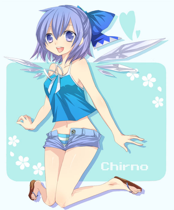 amaya_enaka bad_id bare_shoulders blue_eyes blue_hair camisole casual cirno contemporary jumping lavender_hair panties ribbon sandals shorts simple_background sleeveless striped striped_panties tentani touhou unbuttoned underwear