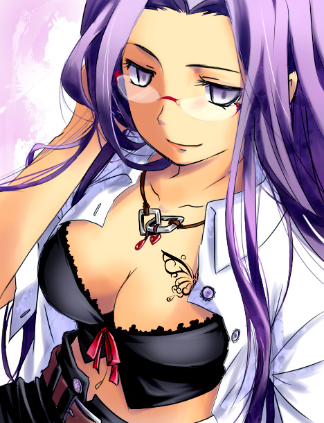 belt breasts cleavage down_blouse fate/stay_night fate_(series) glass glasses hand_in_hair jewelry kiri_nada kirinada midriff navel necklace purple_eyes purple_hair rider solo tattoo violet_eyes