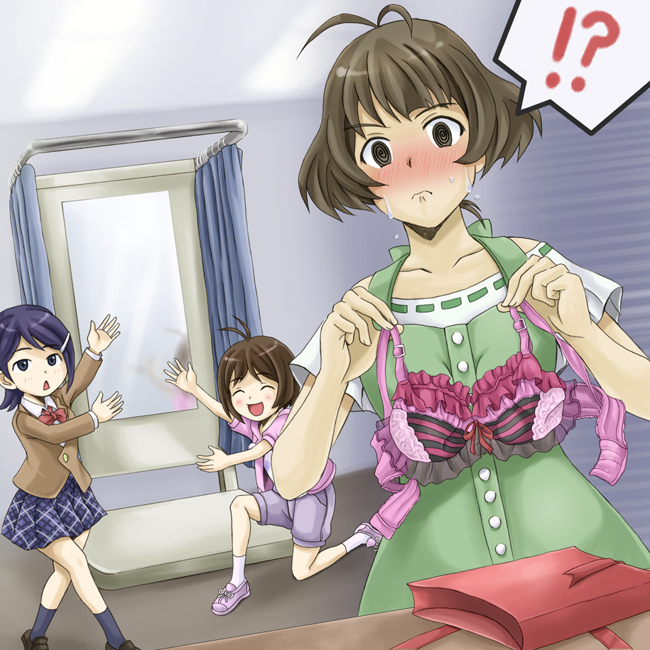 ahoge akizuki_ryou antenna_hair bare_shoulders blue_eyes blue_hair blush bonta bra brown_eyes brown_hair crossdressing frilled_bra frills gift hair_ornament hairclip hidaka_ai holding holding_bra idolmaster idolmaster_dearly_stars idolmaster_ds lingerie mirror mizutani_eri open_mouth school_uniform short_hair smile sweat trap underwear