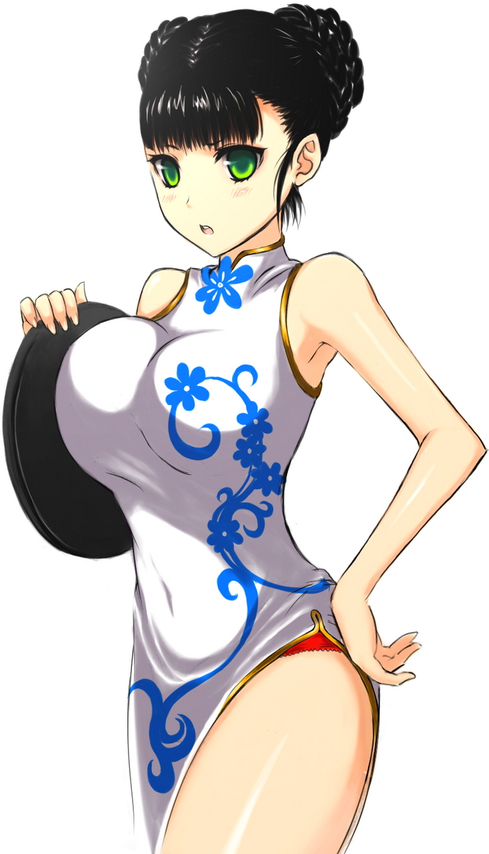 bad_id bare_shoulders black_hair breast_press breasts chikage36 china_dress chinadress chinese_clothes double_bun green_eyes hair_buns hand_on_hip highres large_breasts looking_at_viewer open_mouth original simple_background solo white_background