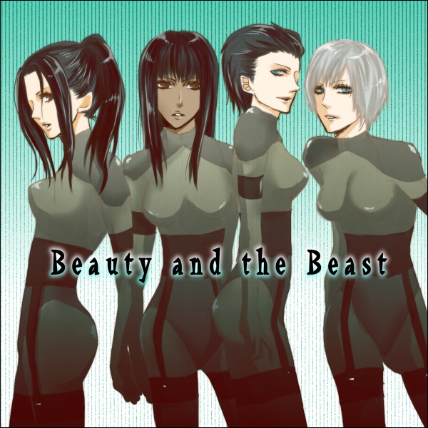 beauty_and_beast_corps black_hair blue_eyes bodysuit brown_eyes crying_wolf grey_hair kadita laughing_octopus long_hair metal_gear metal_gear_solid metal_gear_solid_4 raging_raven screaming_mantis short_hair