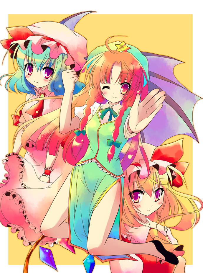 bat_wings blonde_hair blue_hair blush braid china_dress chinadress chinese_clothes clenched_hand flandre_scarlet gradient_hair green_hair hat hong_meiling long_hair multicolored_hair outstretched_arm ponytail red_eyes red_hair redhead remilia_scarlet shiwasu_horio short_hair side_ponytail side_slit simple_background smile touhou twin_braids wings wink wrist_cuffs