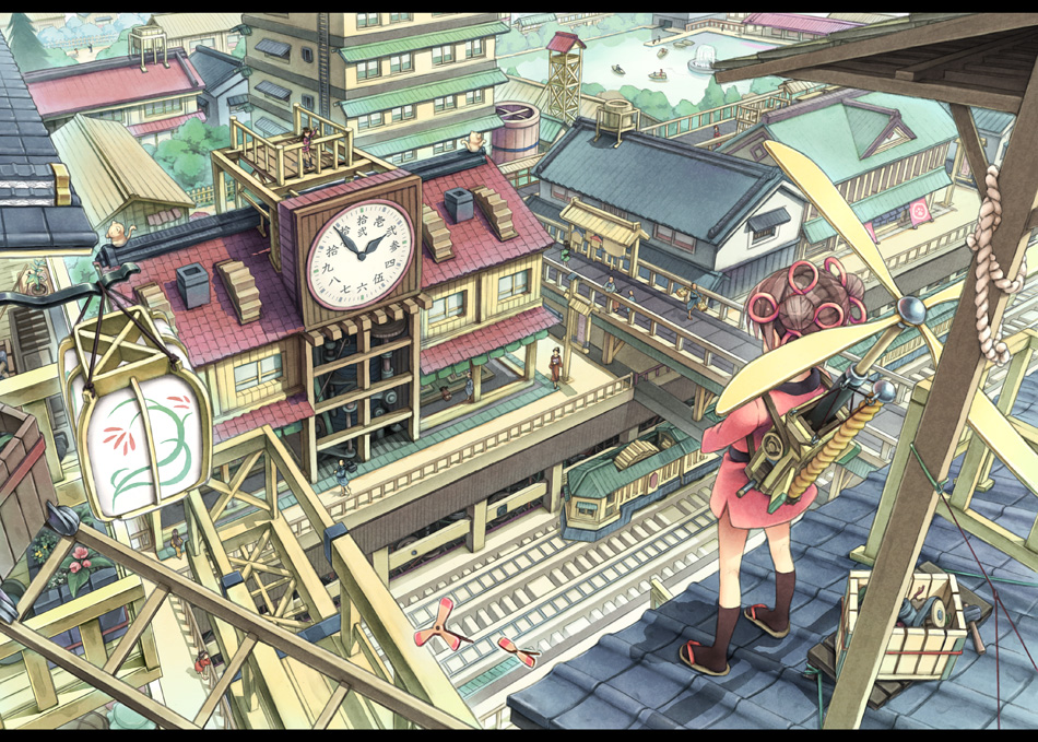 aikei_ake architecture boat brown_hair building cat cityscape clock clock_tower double_bun flower fountain from_above from_behind hair_ornament harbor letterboxed machine original overpass pier propeller rooftop sandals scenery socks tower train tree water