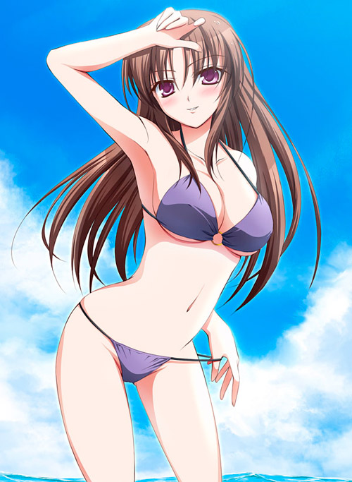 bikini blush breasts brown_hair cleavage long_hair midriff miso-rg navel ocean original purple_eyes sky solo swimsuit violet_eyes