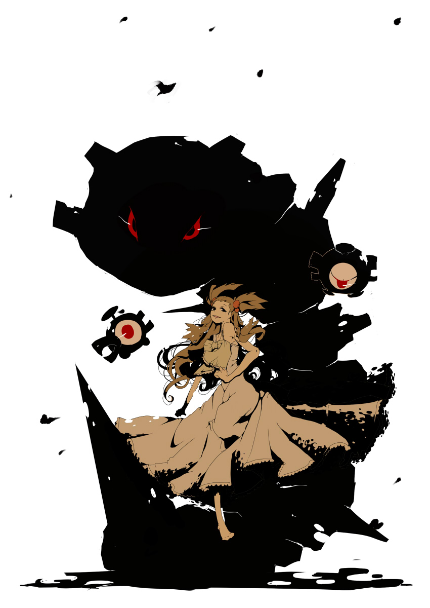 dress gym_leader hair_ornament hairclip highres hiiragino long_hair magnemite mikan_(pokemon) nintendo pokemon pokemon_(game) pokemon_gsc red_eyes silhouette steelix