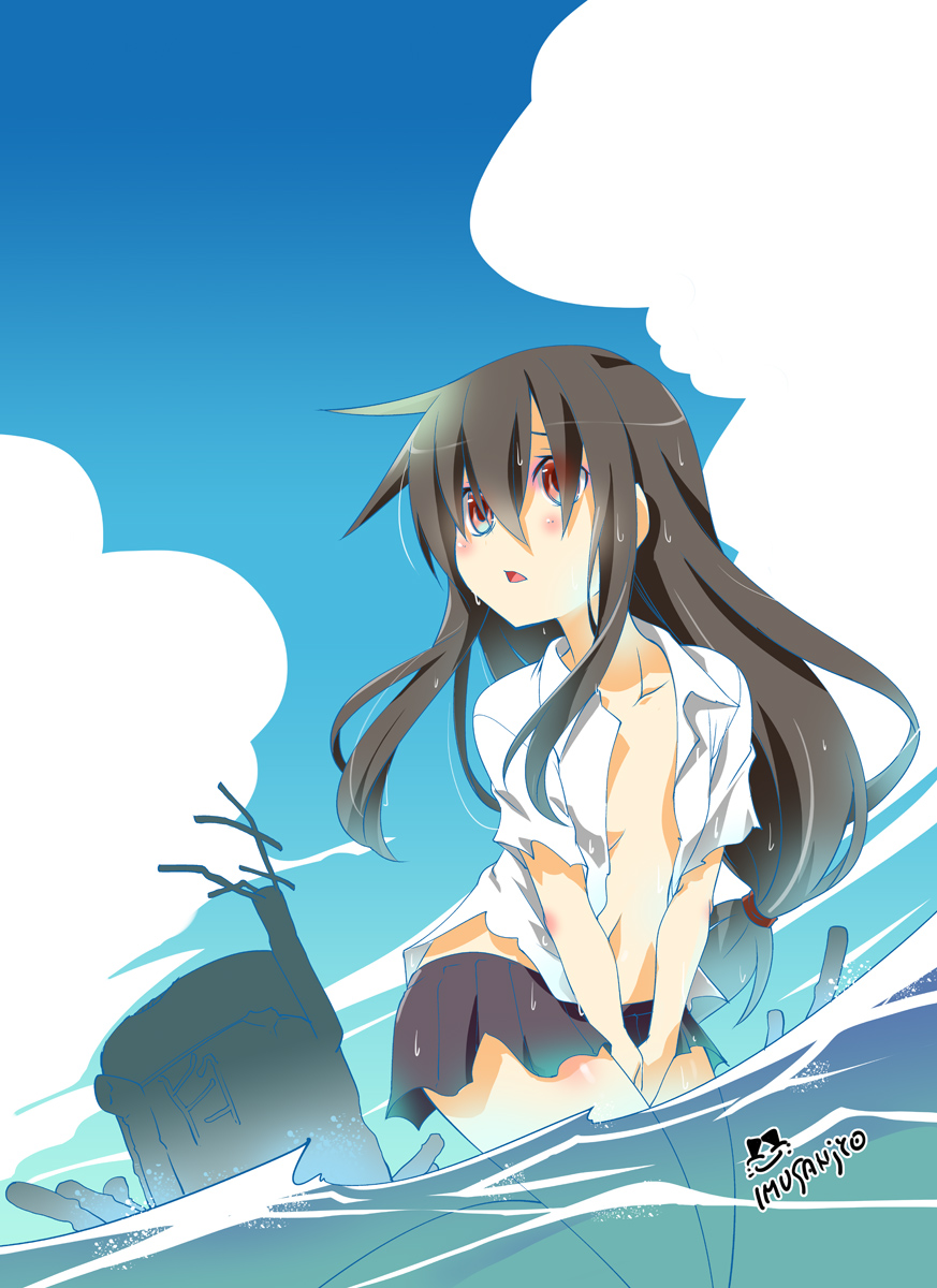 1girl black_hair breasts brown_eyes cleavage hatsushimo_(kantai_collection) highres imu_sanjo in_water kantai_collection long_hair machinery midriff open_mouth pleated_skirt school_uniform skirt solo torn_clothes wet wet_clothes