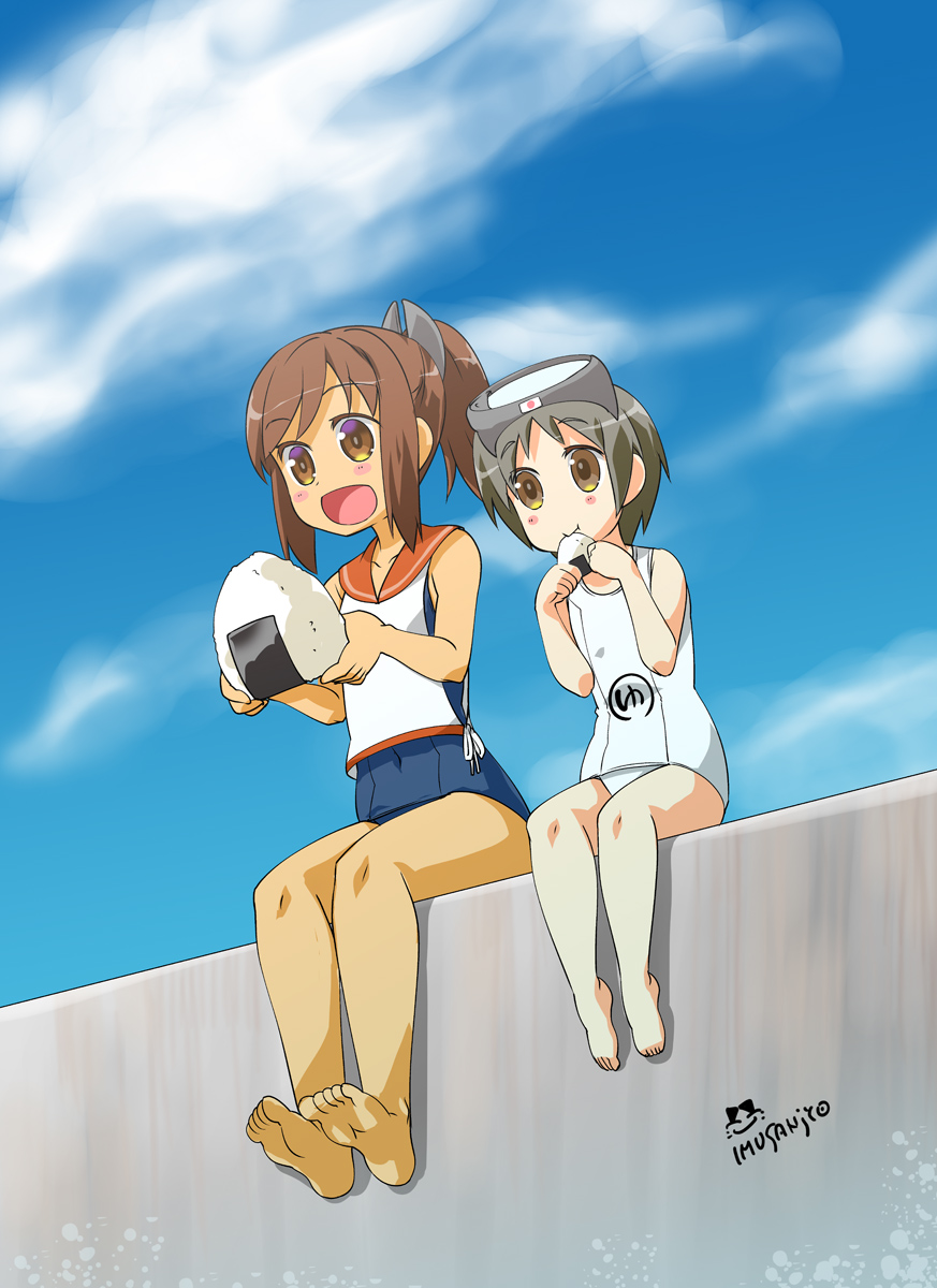 2girls :d barefoot brown_eyes brown_hair eating food goggles goggles_on_head highres holding i-401_(kantai_collection) imu_sanjo kantai_collection maru-yu_(kantai_collection) multiple_girls onigiri open_mouth ponytail school_swimsuit school_uniform serafuku short_hair sitting smile swimsuit swimsuit_under_clothes