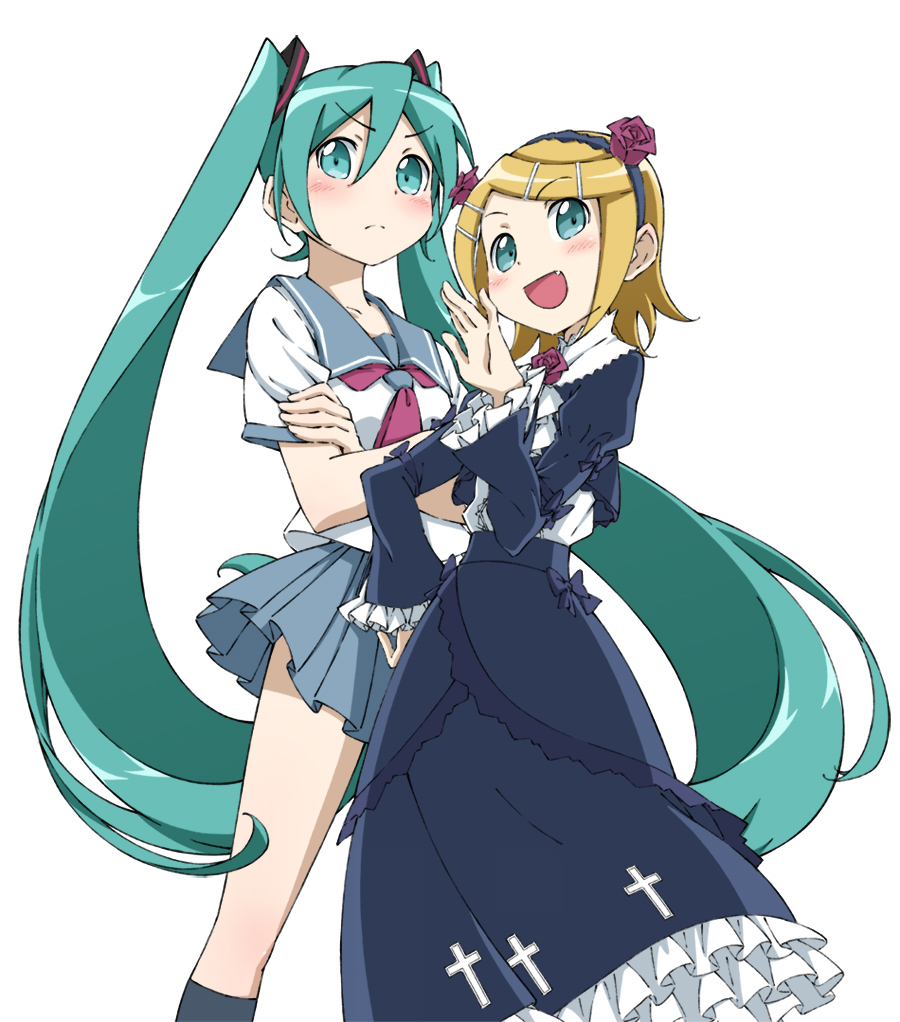 2girls amahara_hiroaki aqua_eyes aqua_hair blonde_hair blush cross crossed_arms dress fang frown gokou_ruri gokou_ruri_(cosplay) hair_ornament hairband hairclip hand_on_hip hatsune_miku kagamine_rin kneehighs kousaka_kirino kousaka_kirino_(cosplay) long_hair multiple_girls ojou-sama_pose open_mouth ore_no_imouto_ga_konna_ni_kawaii_wake_ga_nai parody school_uniform serafuku short_hair simple_background skirt style_parody twintails very_long_hair vocaloid white_background