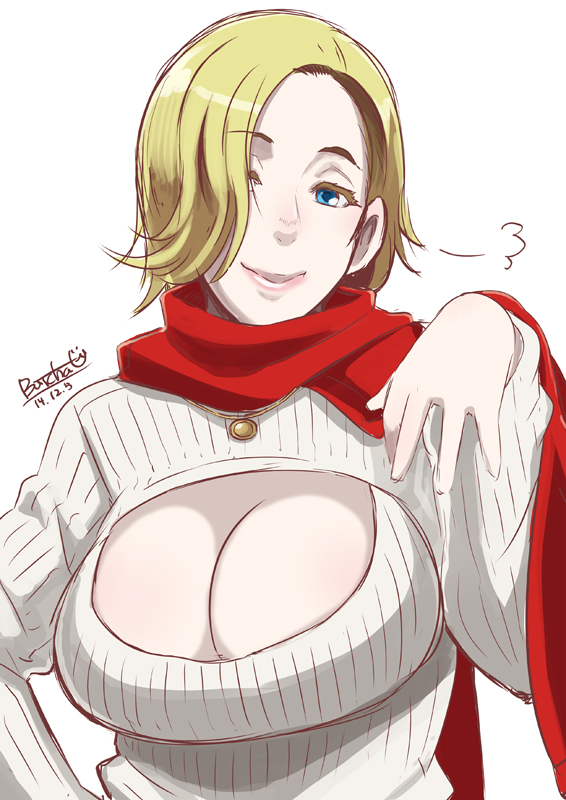 1girl blonde_hair blue_eyes breasts cleavage cleavage_cutout dc_comics eroquis hair_over_one_eye large_breasts lips open-chest_sweater power_girl ribbed_sweater scarf short_hair smile solo sweater white_background