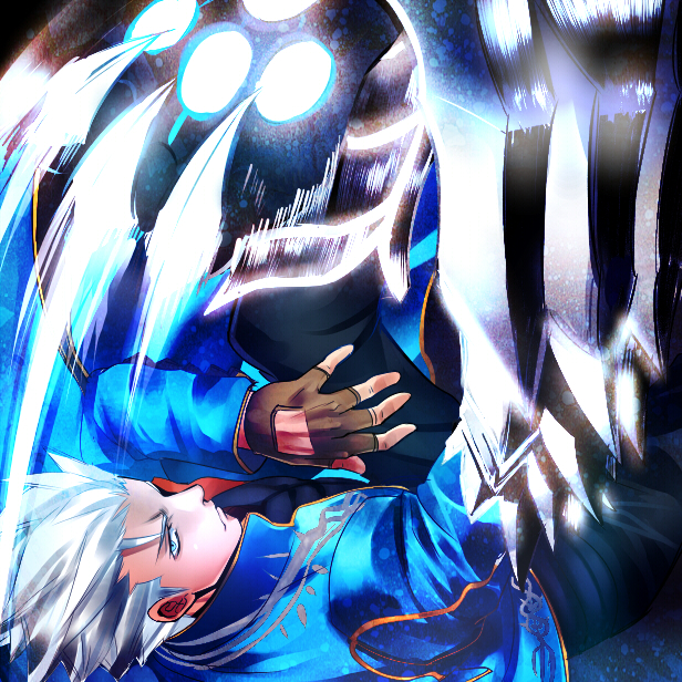 1boy beowulf_(devil_may_cry) blue_eyes claw_(weapon) devil_may_cry devil_may_cry_3 fingerless_gloves frown gloves jacket looking_at_viewer nagare short_hair solo spiky_hair vergil white_hair
