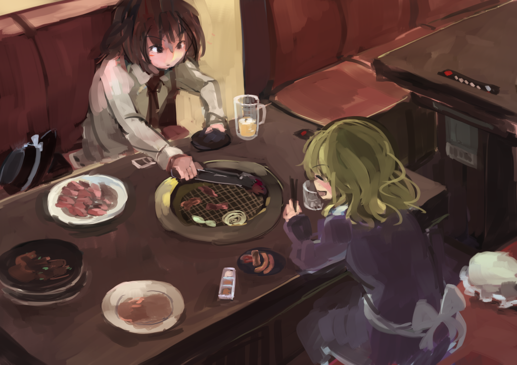 2girls alcohol back beer blonde_hair brown_hair chopsticks closed_eyes dish dress food glass hat hat_removed hat_ribbon headwear_removed ichiba_youichi long_sleeves maribel_hearn mob_cap multiple_girls necktie open_mouth purple_dress restaurant ribbon shirt short_hair sitting smile table touhou usami_renko white_shirt yakiniku