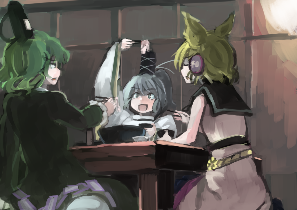 3girls belt blonde_hair bowl chopsticks dress food green_dress green_eyes green_hair grey_eyes hat hat_ribbon headphones ichiba_youichi juliet_sleeves long_sleeves mononobe_no_futo multiple_girls open_mouth puffy_sleeves ribbon silver_hair sitting sleeveless sleeveless_shirt smile soga_no_tojiko table touhou toyosatomimi_no_miko wide_sleeves