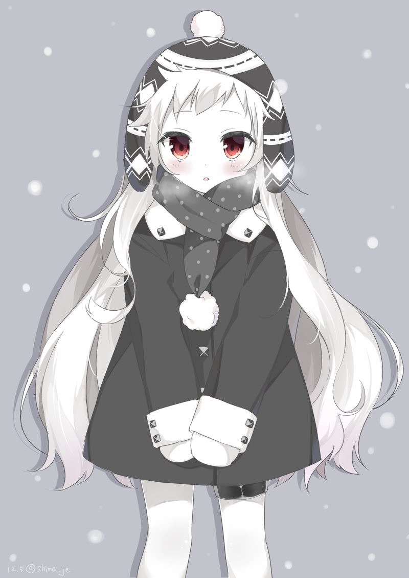 1girl alternate_costume artist_name blush breath coat hat kantai_collection long_hair looking_at_viewer mittens northern_ocean_hime red_eyes revision scarf shima_(shima_je) shinkaisei-kan simple_background snowing solo timestamp v_arms white_hair white_skin winter_clothes winter_coat
